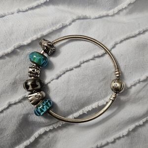 Pandora And Murano Collaboration Glass And Silver Charm And Blue Beaded Bracelet